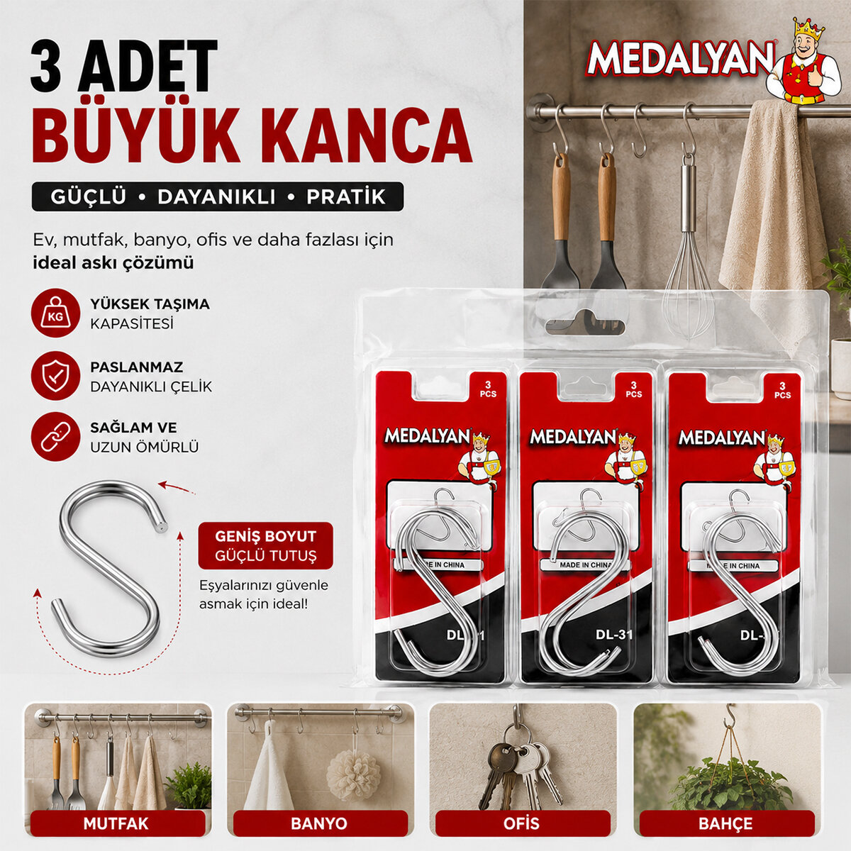 MEDALYAN DL-31 ( NO-2 & BÜYÜK ) ( 3PCS ) ( S ) KANCA*12X10