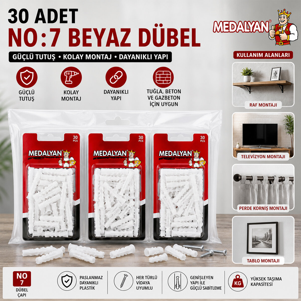 MEDALYAN DL-37 ( NO-7 ) ( 30PCS ) DÜBEL BEYAZ & PLASTİK*12X9