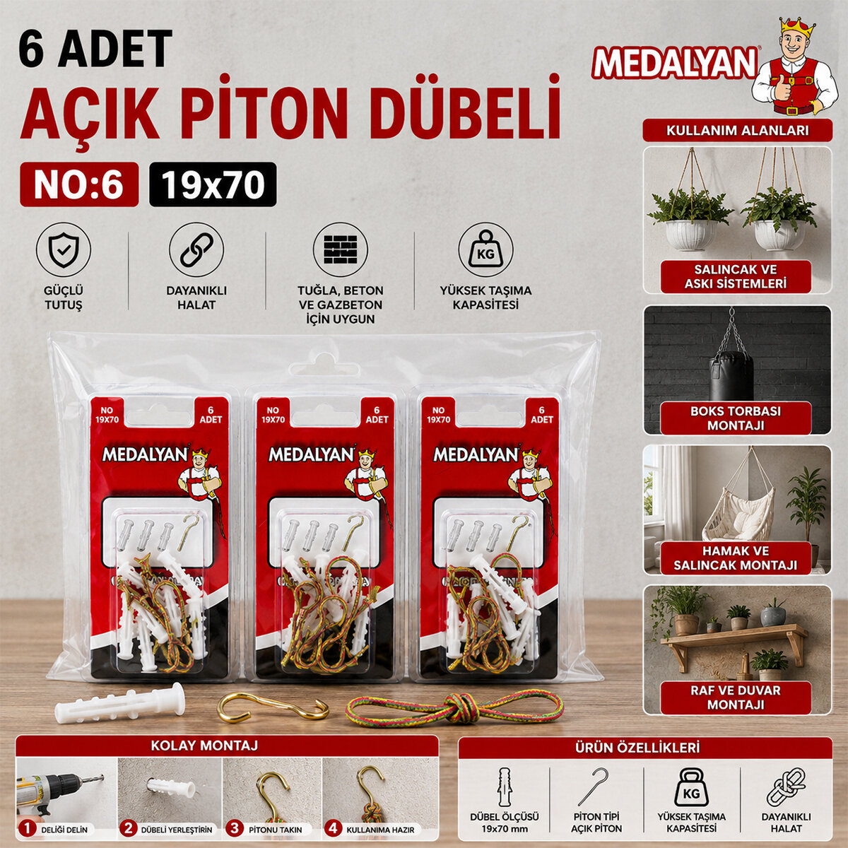 MEDALYAN DL-26 ( 19X70 ) ( 6PCS ) AÇIK PİTON DÜBELLİ*12X10 MEDALYAN DL-26 ( 19X70 ) ( 6PCS ) AÇIK PİTON DÜBELLİ*12X10