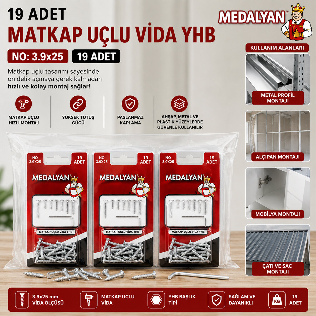 MEDALYAN DL-101 ( 3.9X25 ) ( 19PCS ) MATKAP UÇLU VİDA*12X12