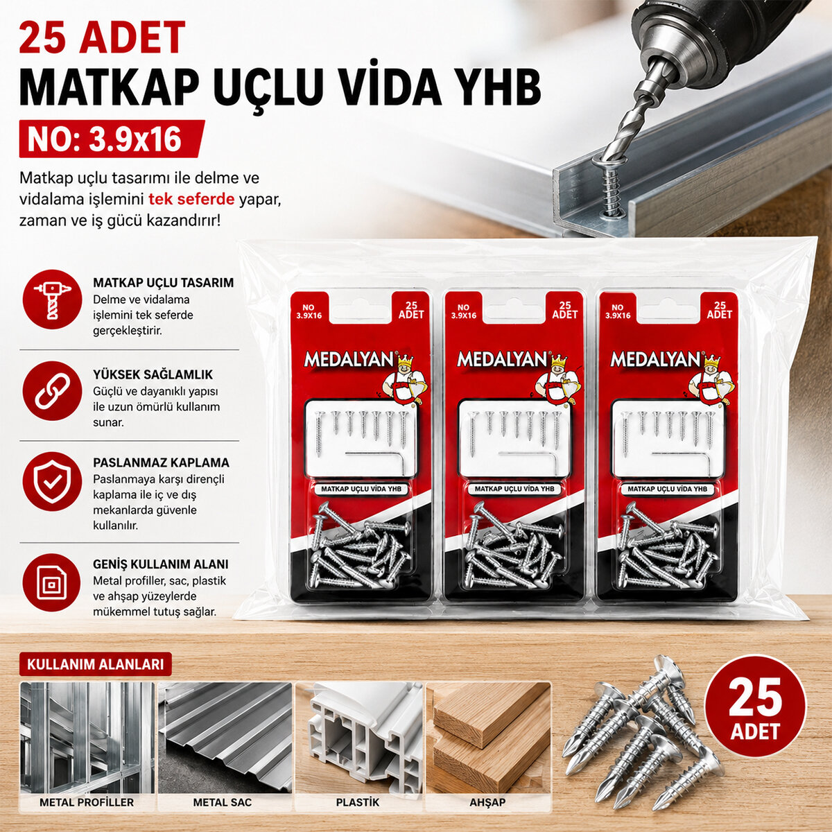 MEDALYAN DL-99 ( 3.9X16 ) ( 25PCS ) MATKAP UÇLU VİDA*12X12