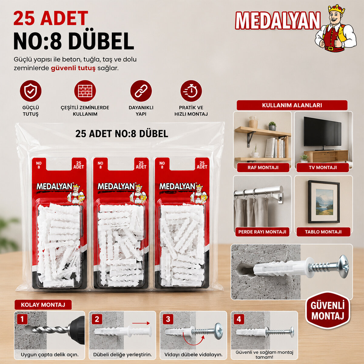 MEDALYAN DL-47 ( NO-8 ) ( 25PCS ) DÜBEL BEYAZ & PLASTİK*12X9