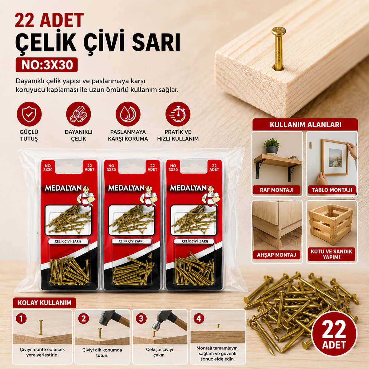 MEDALYAN DL-71 ( 3X30 ) ( SARI ) ( 22PCS ) ÇELİK ÇİVİ*12X10 MEDALYAN DL-71 ( 3X30 ) ( SARI ) ( 22PCS ) ÇELİK ÇİVİ*12X10