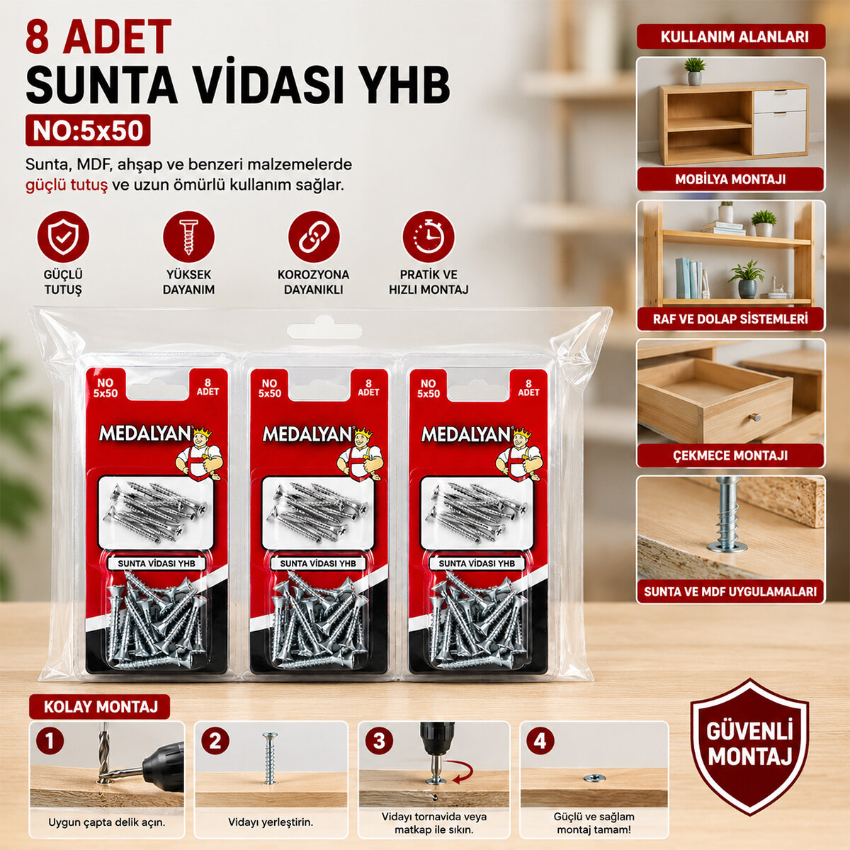 MEDALYAN DL-07 ( 5X50 ) ( 8PCS ) SUNTA VİDASI*12X12