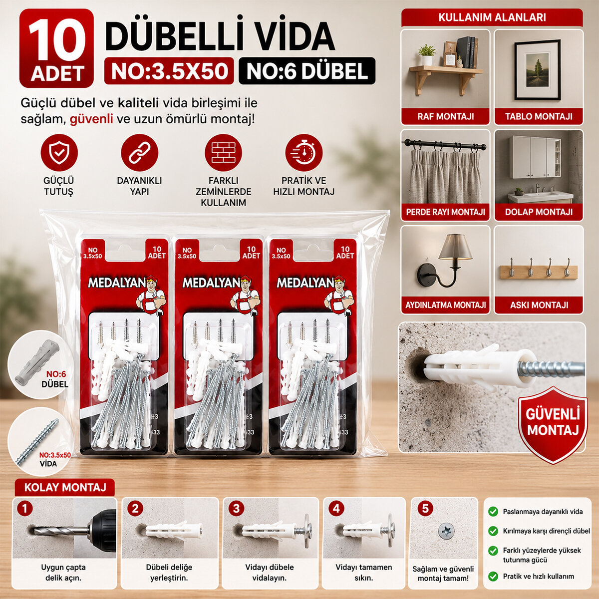 MEDALYAN DL-33 ( 3.5X50 ) ( 10PCS ) DÜBELLİ VİDA*12X10