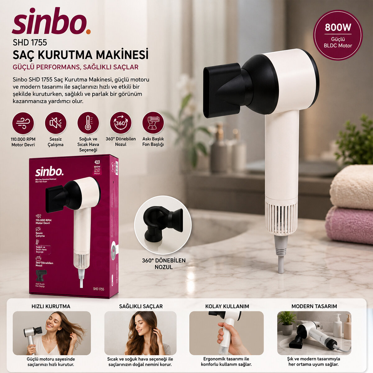 SİNBO SHD-1755 ( BEYAZ ) SAÇ KURUTMA MAKİNESİ ( 110.000 RPM ) ( SESSİZ ÇALIŞMA & 3 HIZ - SICAKLIK AYAR )*6 SİNBO SHD-1755 ( BEYAZ ) SAÇ KURUTMA MAKİNESİ ( 110.000 RPM ) ( SESSİZ ÇALIŞMA & 3 HIZ - SICAKLIK AYAR )*6