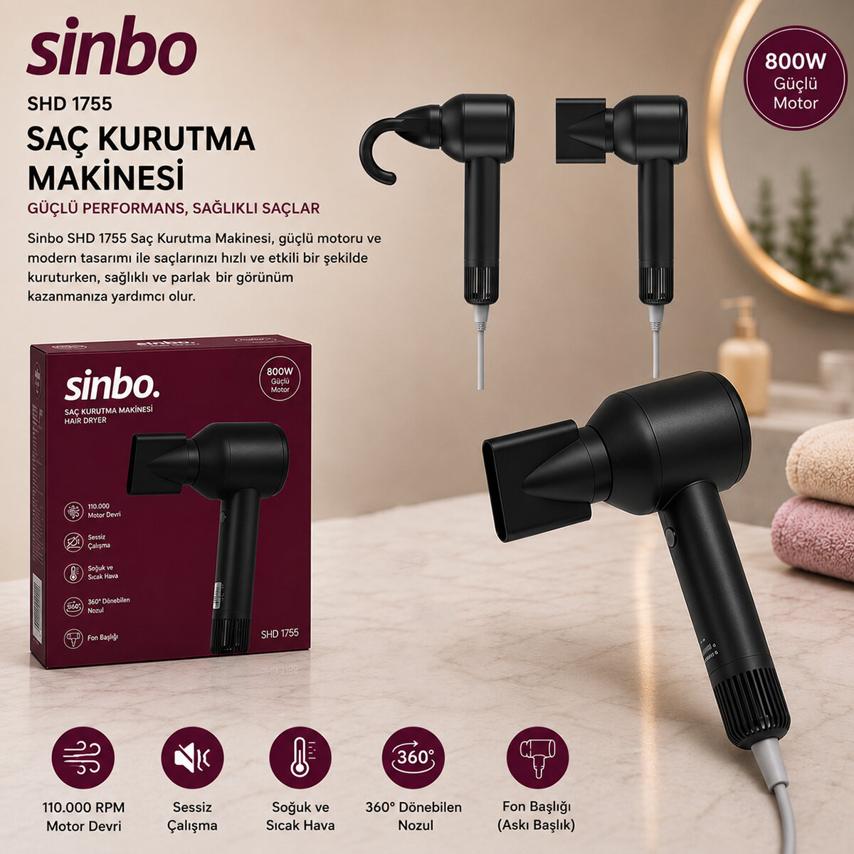 SİNBO SHD-1755 ( SİYAH ) SAÇ KURUTMA MAKİNESİ ( 110.000 RPM ) ( SESSİZ ÇALIŞMA & 3 HIZ - SICAKLIK AYAR )*6