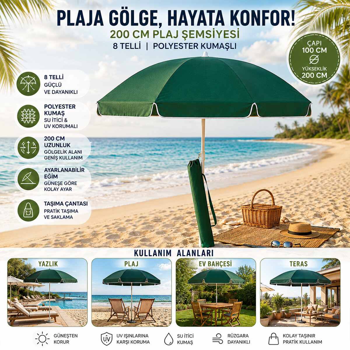 SKYBELT SKY-112 ( 200CM SAPLI ) ( ÇAP:100*100CM ) ( DÜZ - TEK RENK ) PLAJ ŞEMSİYESİ ( OMUZ ASKI ÇANTALI ) ( 8 TELLİ & FIBERGLASS ) ( POLYESTER KUMAŞ )*12=K