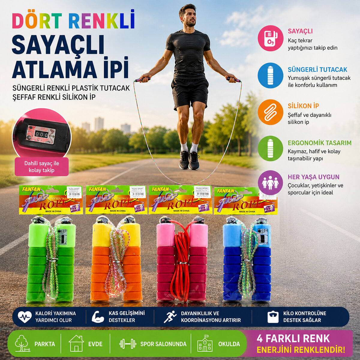 YILDIZ SPORT FANFAN JUMP ROPE YLD-38 ( SAYAÇLI ) ATLAMA İPİ ( SÜNGERLİ RENKLİ PLASTİK TUTACAK ) ( ŞEFFAF RENKLİ SİLİKON İP )*200