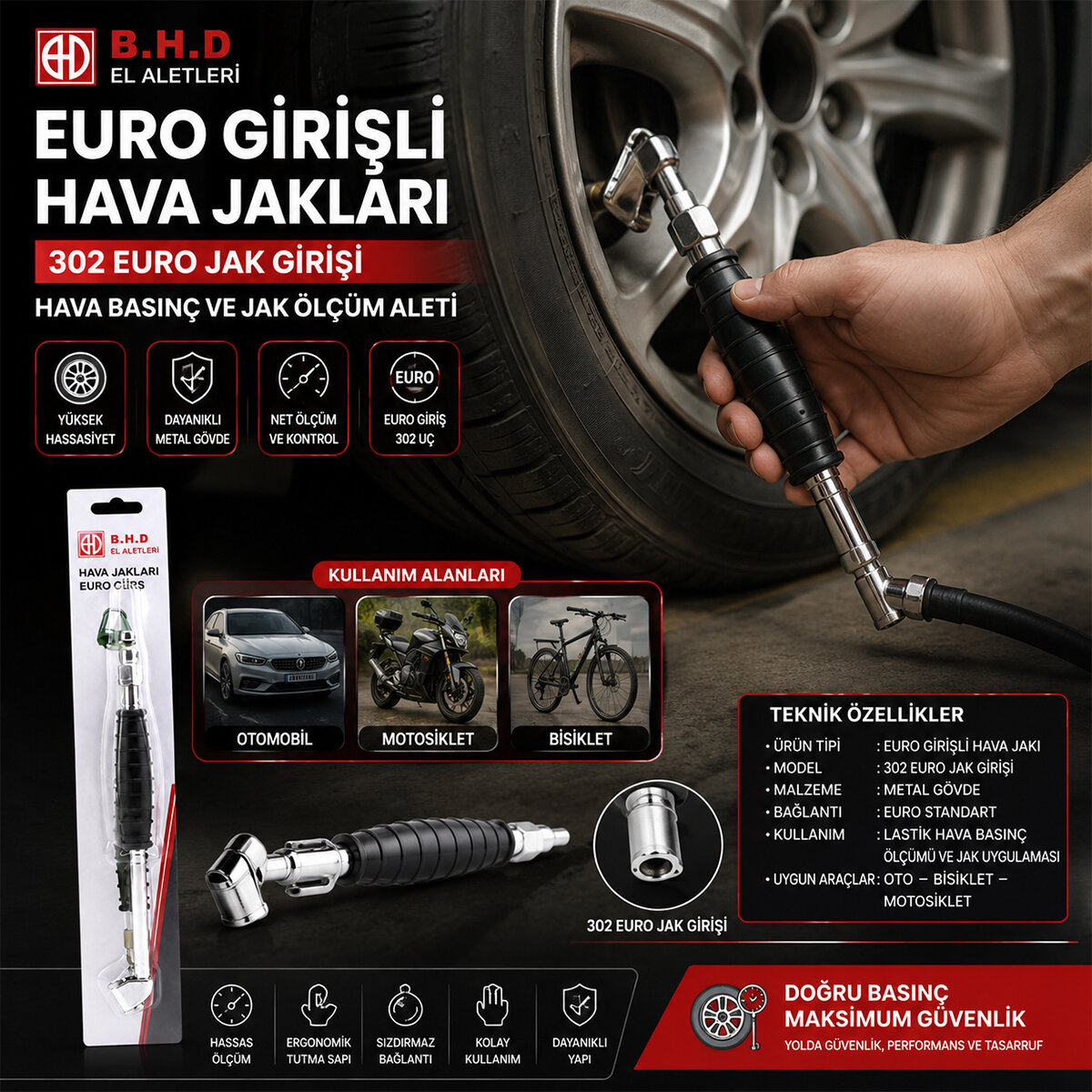 BHD-302 EURO JACK LASTİK HAVA BASINÇ ( ÖLÇÜM ALETİ ) ( OTO & BİSİKLET & MOTORSİKLET & BOT )*100