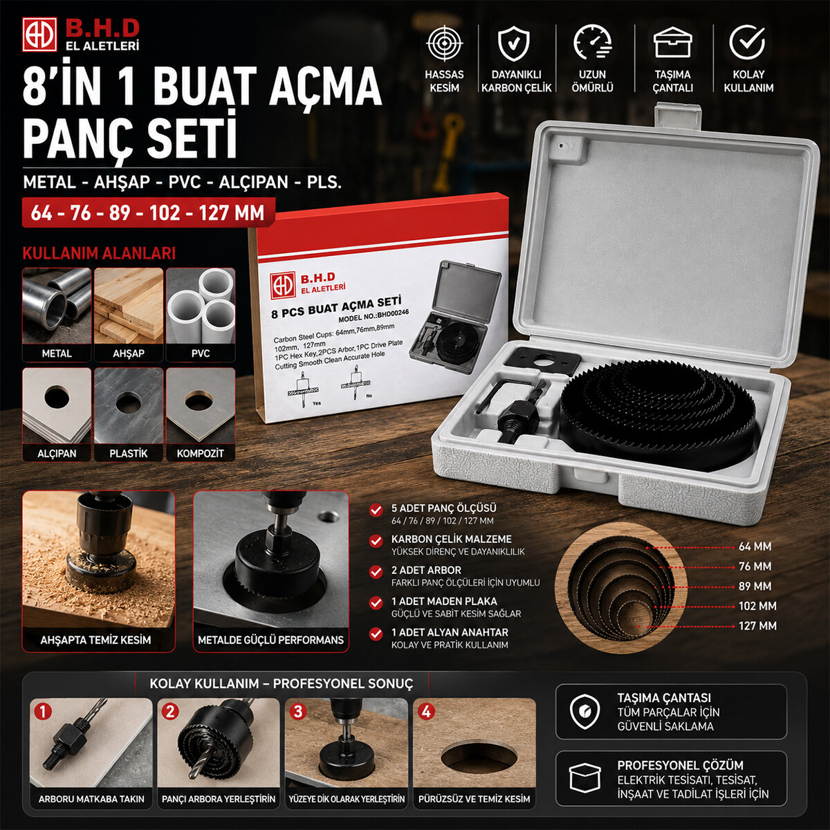 BHD-00264 (8İN1) BUAT AÇMA PANÇ SETİ (METAL & AHŞAP & PVC & ALÇIPAN & PLS.) (64-73-89-102-127MM)*20