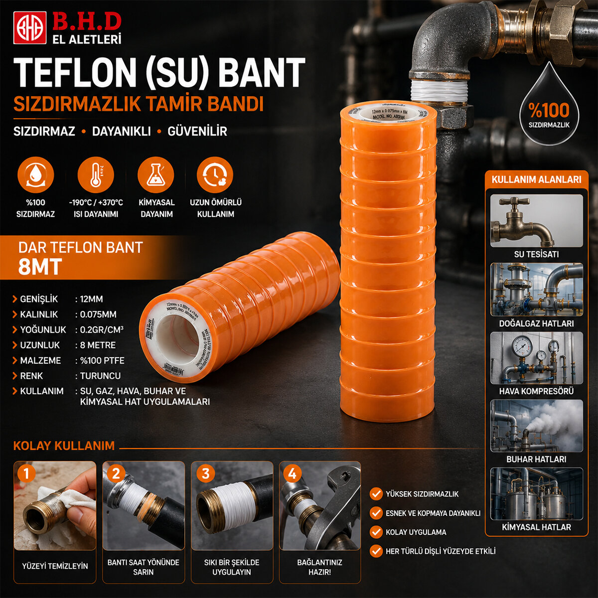 BHD-00481 ( DAR ) TEFLON ( SU ) BANT ( 8MT ) ( 12MMX0.075MM ) ( 0.2GR/CM3 )*10X100