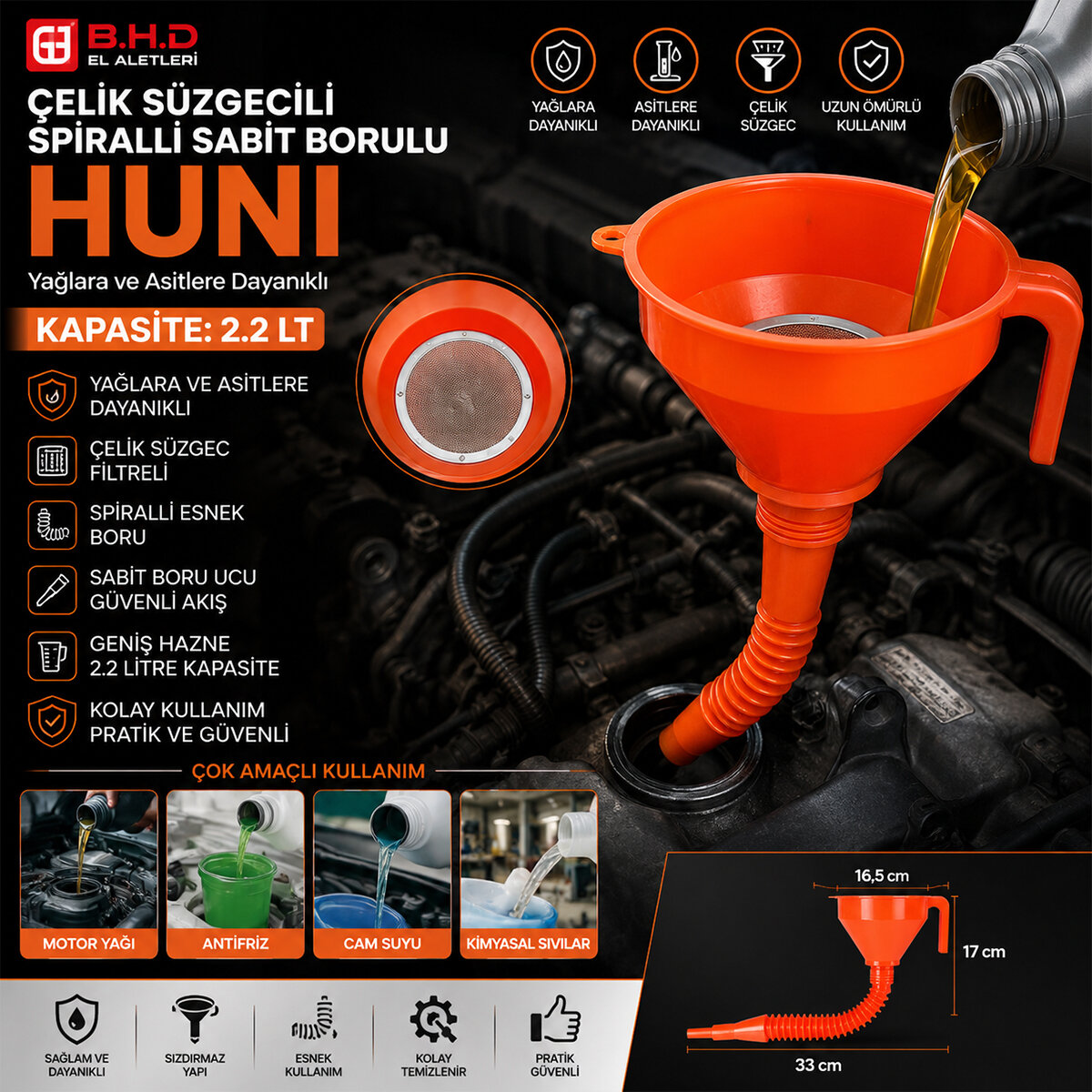 BHD-00214 ( ÇELİK SÜZGEÇLİ ) SPİRALLİ HUNİ ( SABİT BORULU ) 2.2LT*50 BHD-00214 ( ÇELİK SÜZGEÇLİ ) SPİRALLİ HUNİ ( SABİT BORULU ) 2.2LT*50