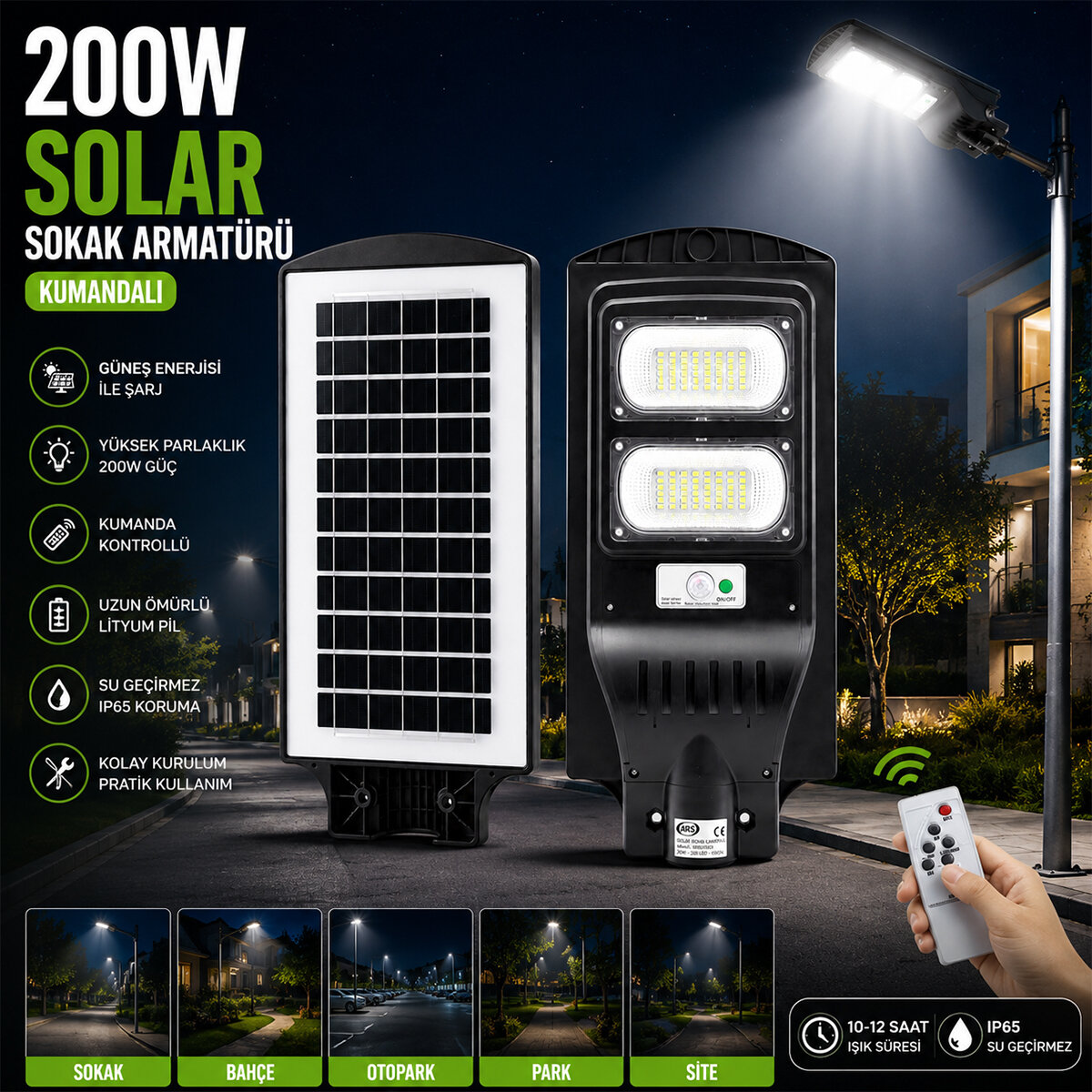 ARS-348965 ( 200W & 6500K ) ( SOLAR & GÜNEŞ ENERJİLİ ) SOKAK LAMBASI & ARMATÜR ( SENSÖRLÜ ) ( BAHÇE-BALKON-SOKAK )*10