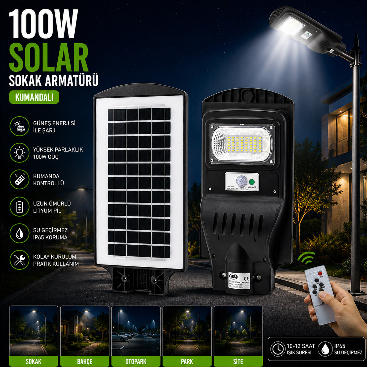 ARS-348964 ( 100W & 6500K ) ( SOLAR & GÜNEŞ ENERJİLİ ) SOKAK LAMBASI & ARMATÜR ( SENSÖRLÜ ) ( BAHÇE-BALKON-SOKAK )*10