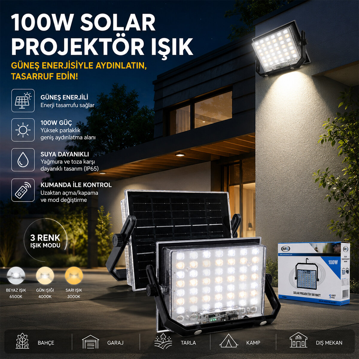 ARS-348960 LMB ( 100W ) GÜNEŞ ENERJİLİ LED IŞIK ( SOLAR ) ( PROJEKTÖR & FENER ) ( KAMP & DIŞ MEKAN ) ( 3 FARKLI LED IŞIK )*20 ARS-348960 LMB ( 100W ) GÜNEŞ ENERJİLİ LED IŞIK ( SOLAR ) ( PROJEKTÖR & FENER ) ( KAMP & DIŞ MEKAN ) ( 3 FARKLI LED IŞIK )*20