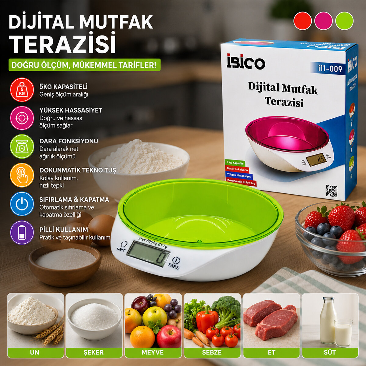 İBİCO İ11-009 ( DİJİTAL & PİLLİ ) MUTFAK TERAZİ TARTI ( KASELİ & 5KG/1GR )*24 İBİCO İ11-009 ( DİJİTAL & PİLLİ ) MUTFAK TERAZİ TARTI ( KASELİ & 5KG/1GR )*24