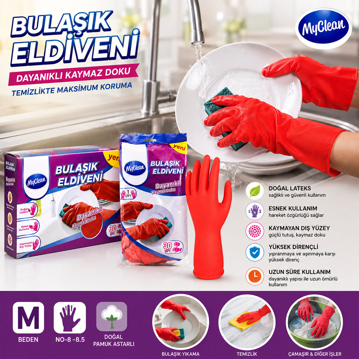 MYCLEAN-710457 ( M ) ( NO-8-8.5 ) ( PLASTİK ) TEMİZLİK & BULAŞIK ELDİVENİ ( DOĞAL PAMUK ASTARLI ) ( YÜKSEK DİRENÇLİ )*30X8 MYCLEAN-710457 ( M ) ( NO-8-8.5 ) ( PLASTİK ) TEMİZLİK & BULAŞIK ELDİVENİ ( DOĞAL PAMUK ASTARLI ) ( YÜKSEK DİRENÇLİ )*30X8