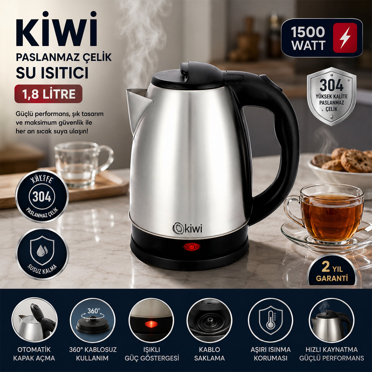 KİWİ KK-3331 ( ÇELİK ) KETTLE ELEKTRİKLİ SU ISITICISI ( PASLANMAZ ÇELİK GİZLİ REZİSTANS ) ( 360° ) ( 1.8LT ) ( 1500W )*8