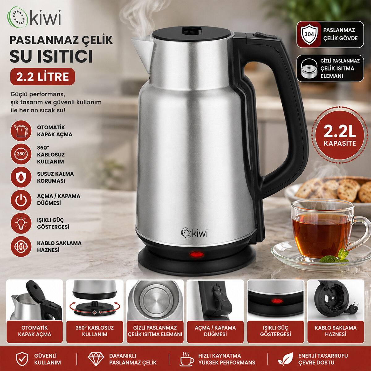 KİWİ KK-3334 ( ÇELİK & SÜRAHİ MODEL ) KETTLE ELEKTRİKLİ SU ISITICISI ( PASLANMAZ ÇELİK GİZLİ REZİSTANS ) ( 360° ) ( 2.2LT ) ( 1500W )*12
