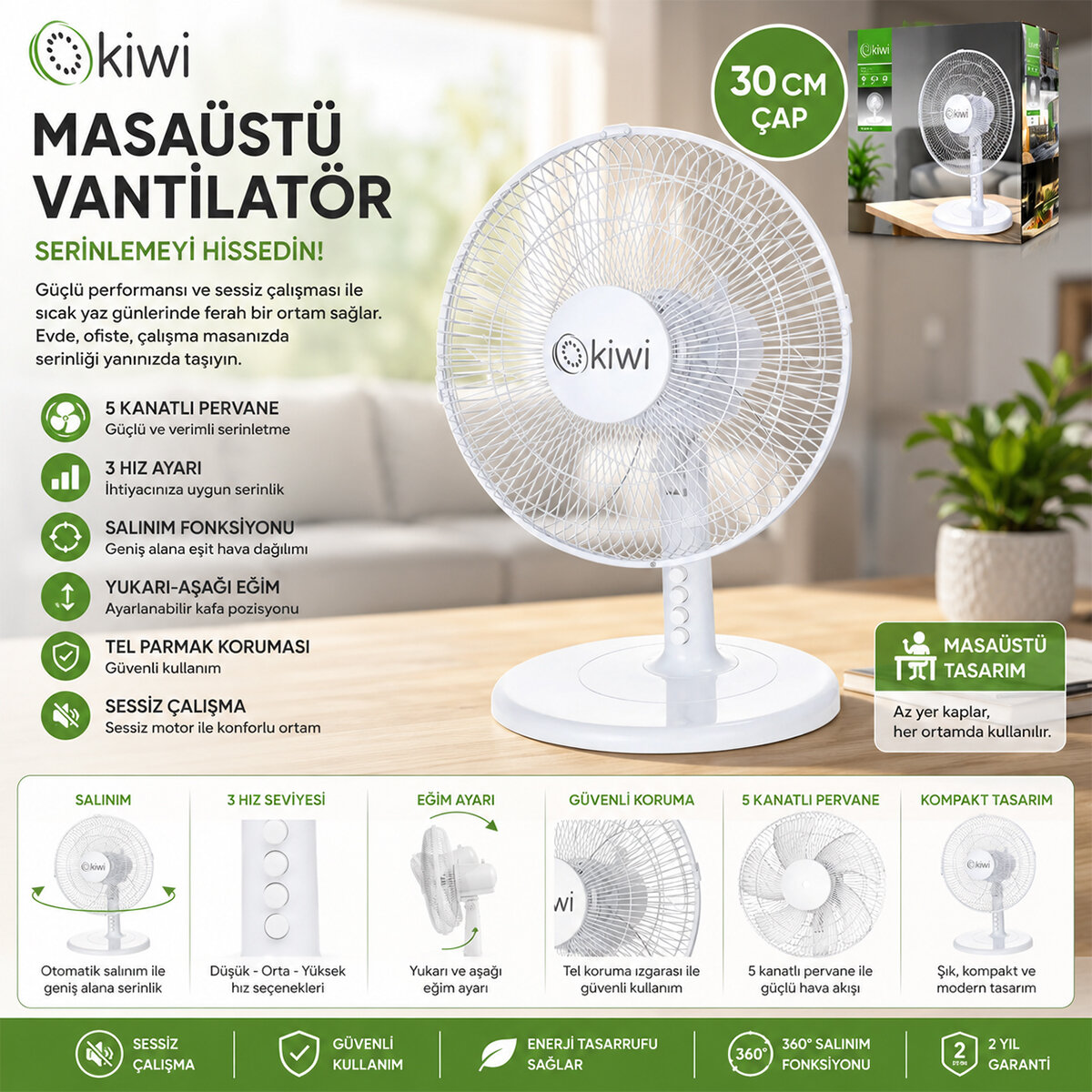 KİWİ 7625 ( 12" İNÇ ) MASA ÜSTÜ VANTİLATÖR ( 35W ) ( 5 KANAT & 3 KADEME HIZ & ÇAP: 30CM ) FAN*3=K