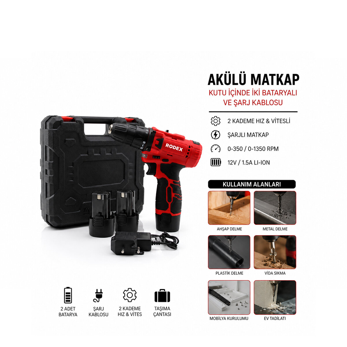 RODEX RDX-3322 ( 2 KADEME HIZ & VİTESLİ ) ( ŞARJLI ) MATKAP ÇİFT BATARYA  ( 0-350 / 0-1350 RPM ) ( 12V / 1.5A LI-ION )*10