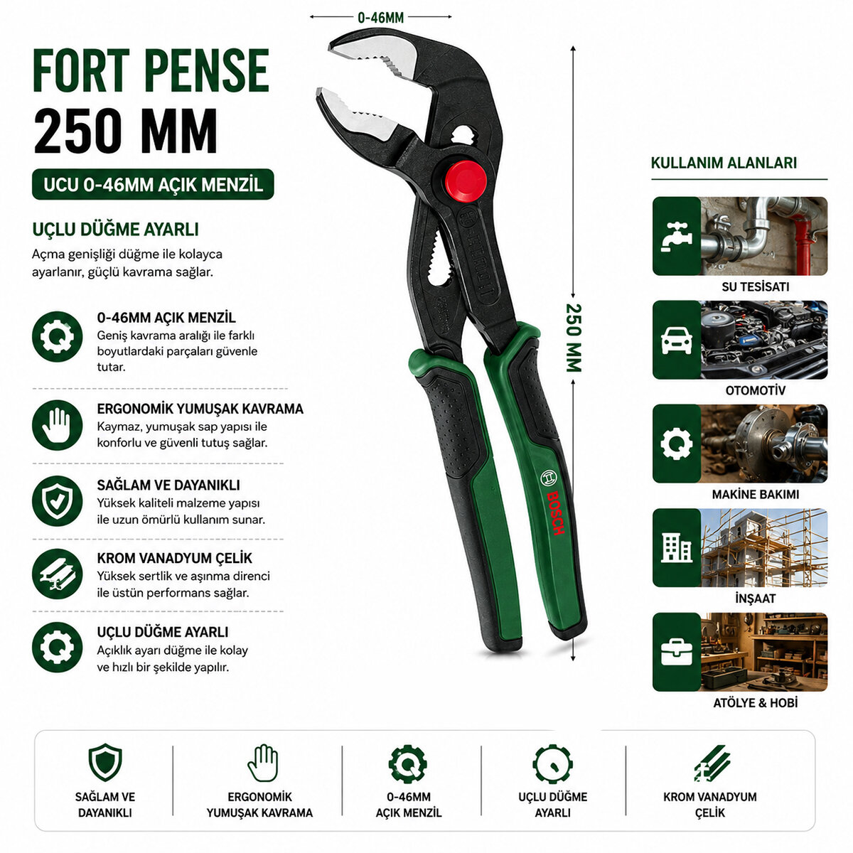 BOSCH-1 600 A03 2V9 ( 529 ) ( 250MM ) ( 10" ) FORD PAPAĞAN PENSE ( 0- 46 MM AĞIZ ÖLÇÜ )( ERGONAMİK YUMUŞAK SAP )( 60 ± KESME SERTLİK )*6X1
