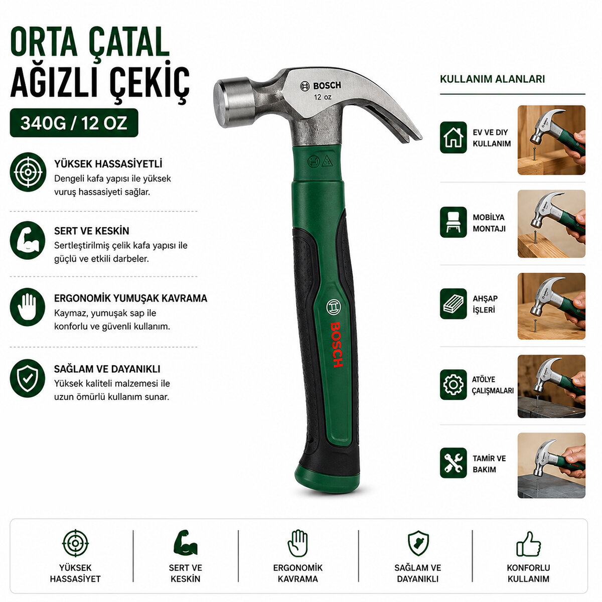 BOSCH-1 600 A02 W7X ( 429 ) ORTA ÇATAL ÇEKİÇ ( 12OZ ) 24CM ( ERGONAMİK YUMUŞAK SAP )*6X1