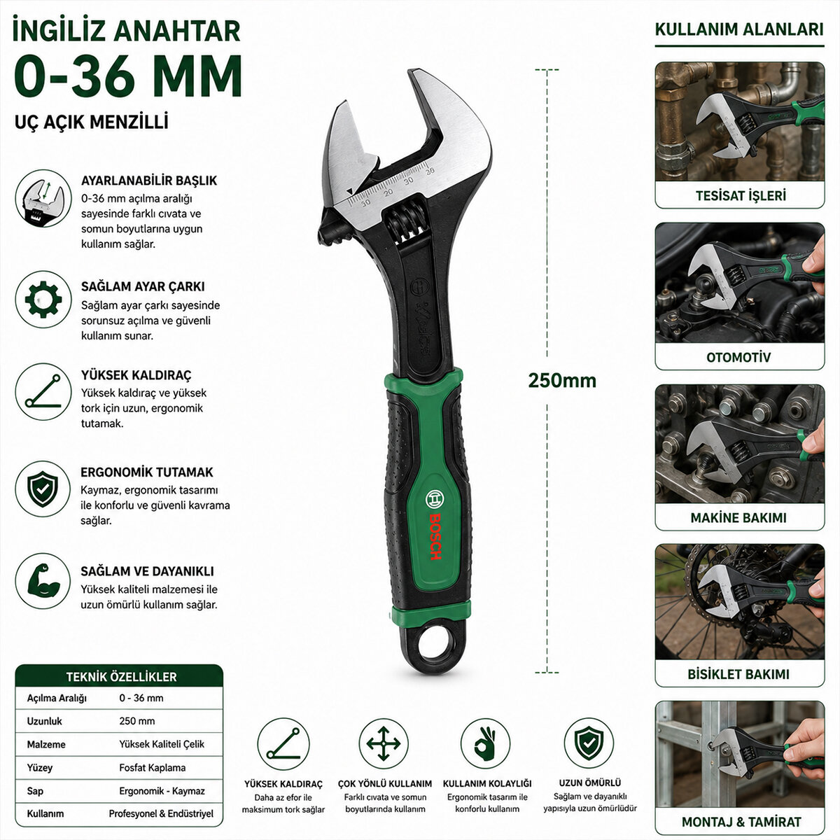 BOSCH-1 600 A03 9HP ( 532 ) ( 10" & 250MM ) İNGİLİZ ANAHTAR & KURBAĞACIK SETİ*6X1
