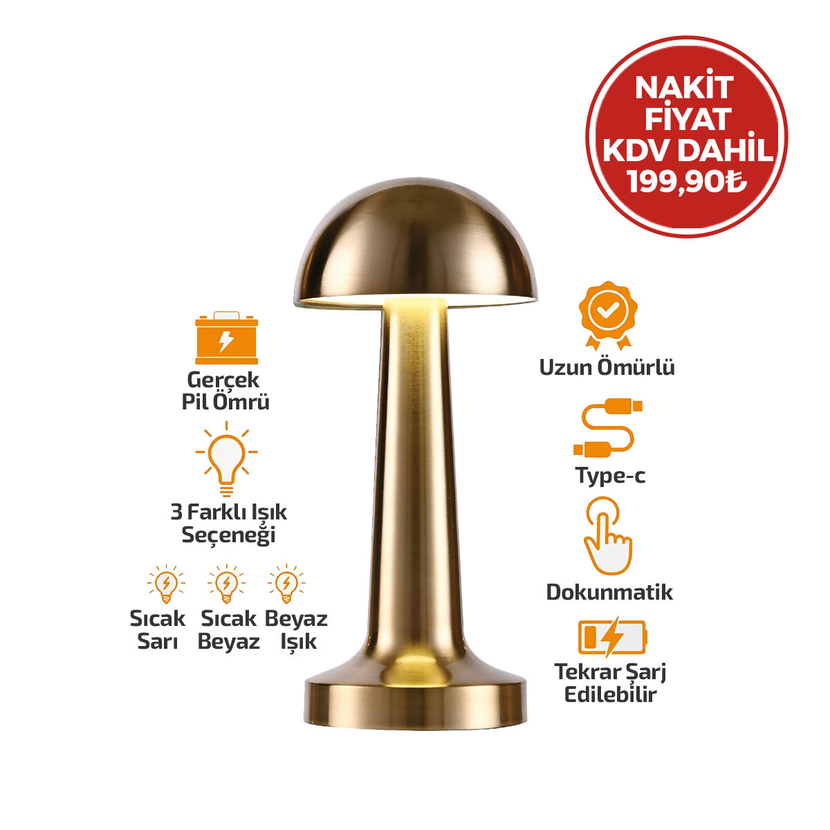 NOAS ATİNA YL86-1231 ( OVAL & METAL ) MANTAR MASA LAMBASI ( DOKUNMATİK & RENKLİ ) ( TYPE-C ŞARJLI ) ( 3 FONKSİYONLU )*20