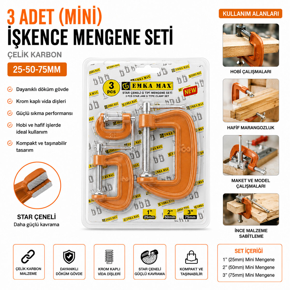 EMKA-5492 ( 3PCS ) ( MİNİ ) İŞKENCE MENGENE SETİ ( ÇELİK KARBON ) ( 25-50-75MM )*72