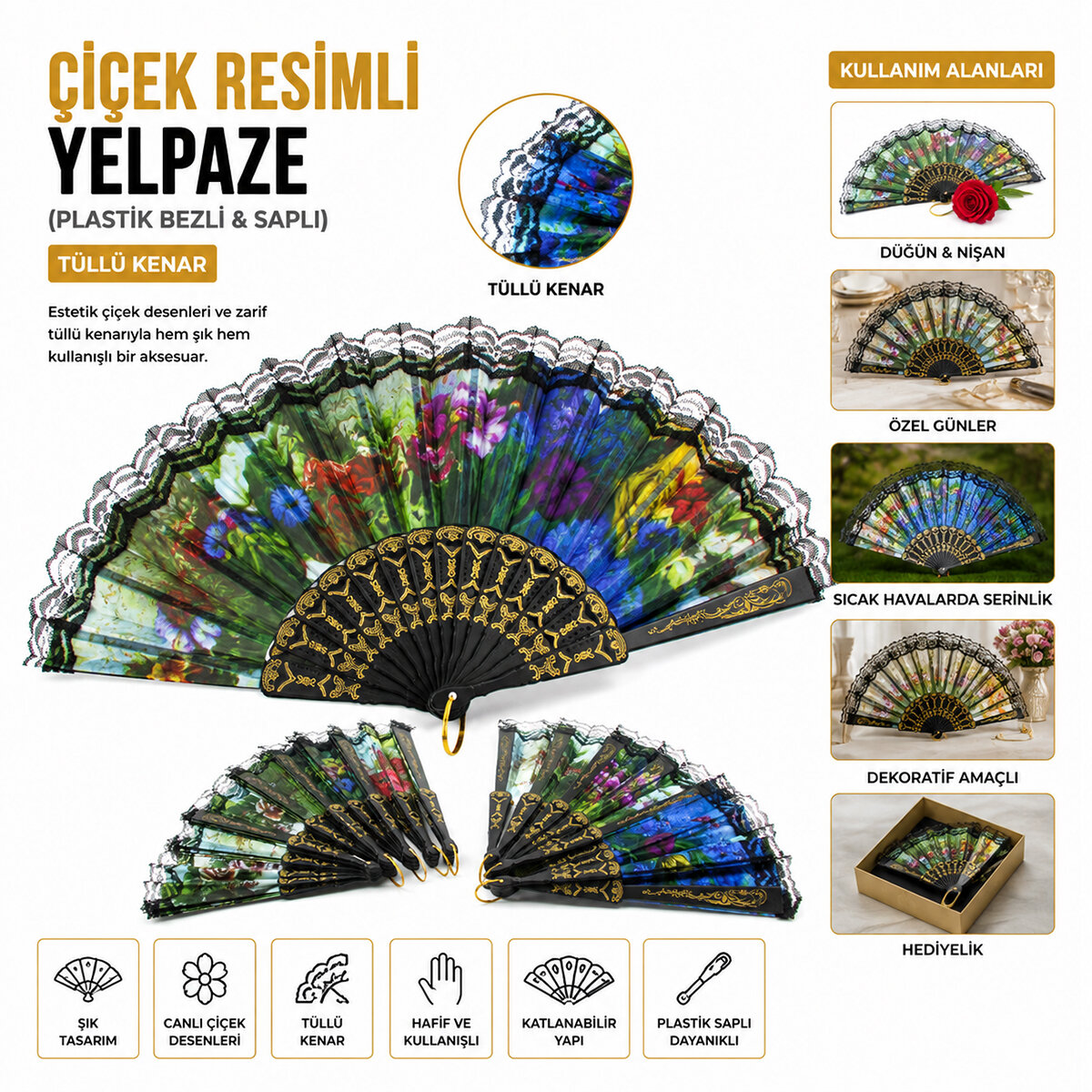 ENFA-965 ( ÇİÇEK RESİMLİ ) ( TÜLLÜ KENAR ) YELPAZE  ( PLASTİK BEZLİ & SAPLI )*12X50