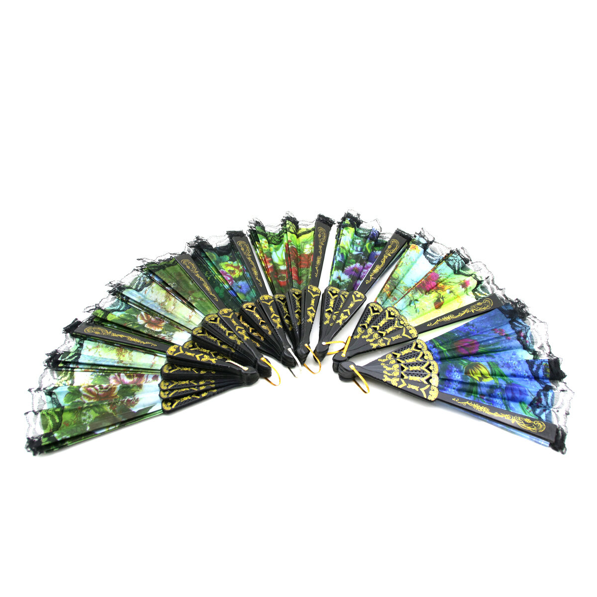 ENFA-965 ( ÇİÇEK RESİMLİ ) ( TÜLLÜ KENAR ) YELPAZE  ( PLASTİK BEZLİ & SAPLI )*12X50