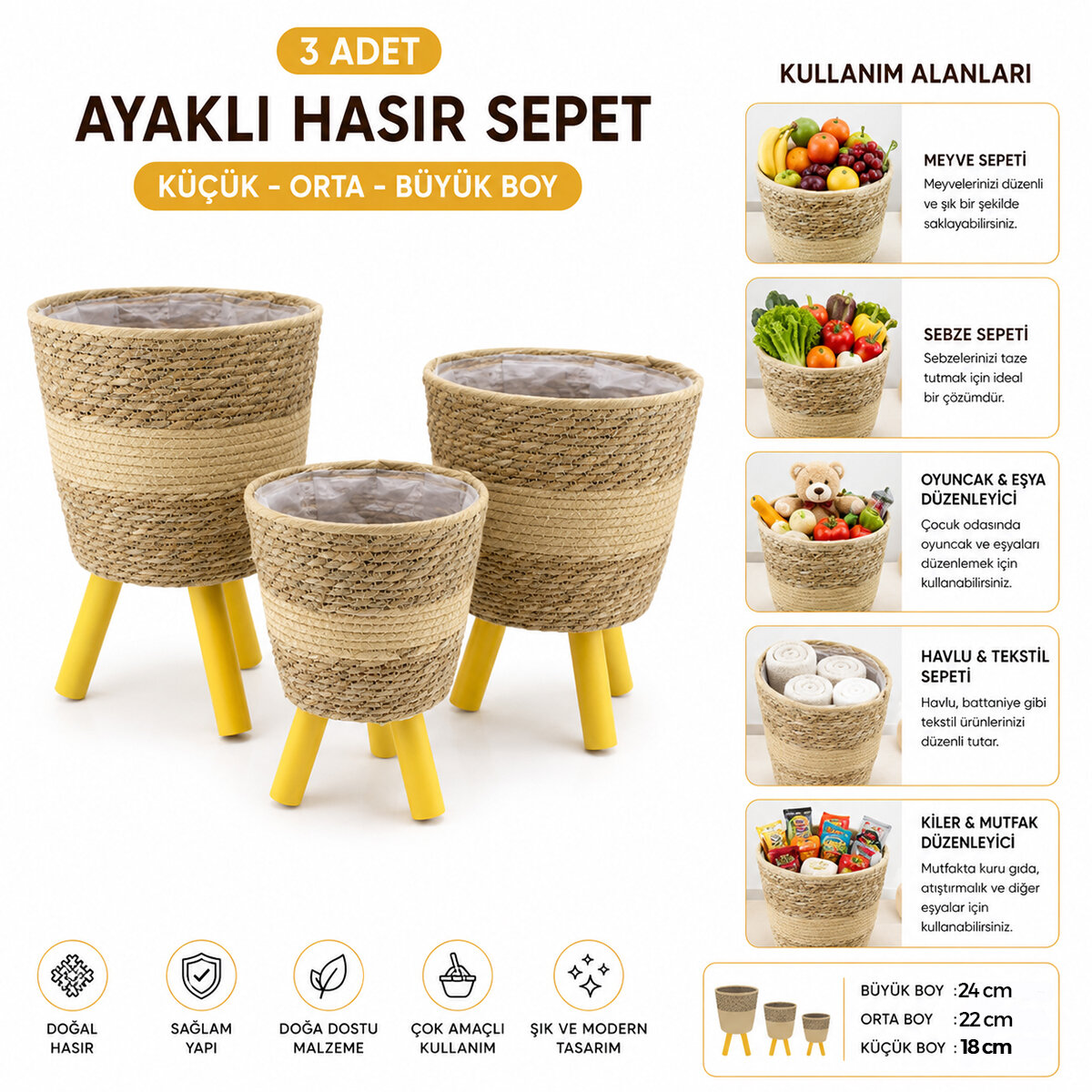 ALVETRO ALV-01 ( 3PCS ) AYAKLI HASIR & AHŞAP SEPET ( MİX DESEN ) ( 18-22-24CM )*6=K