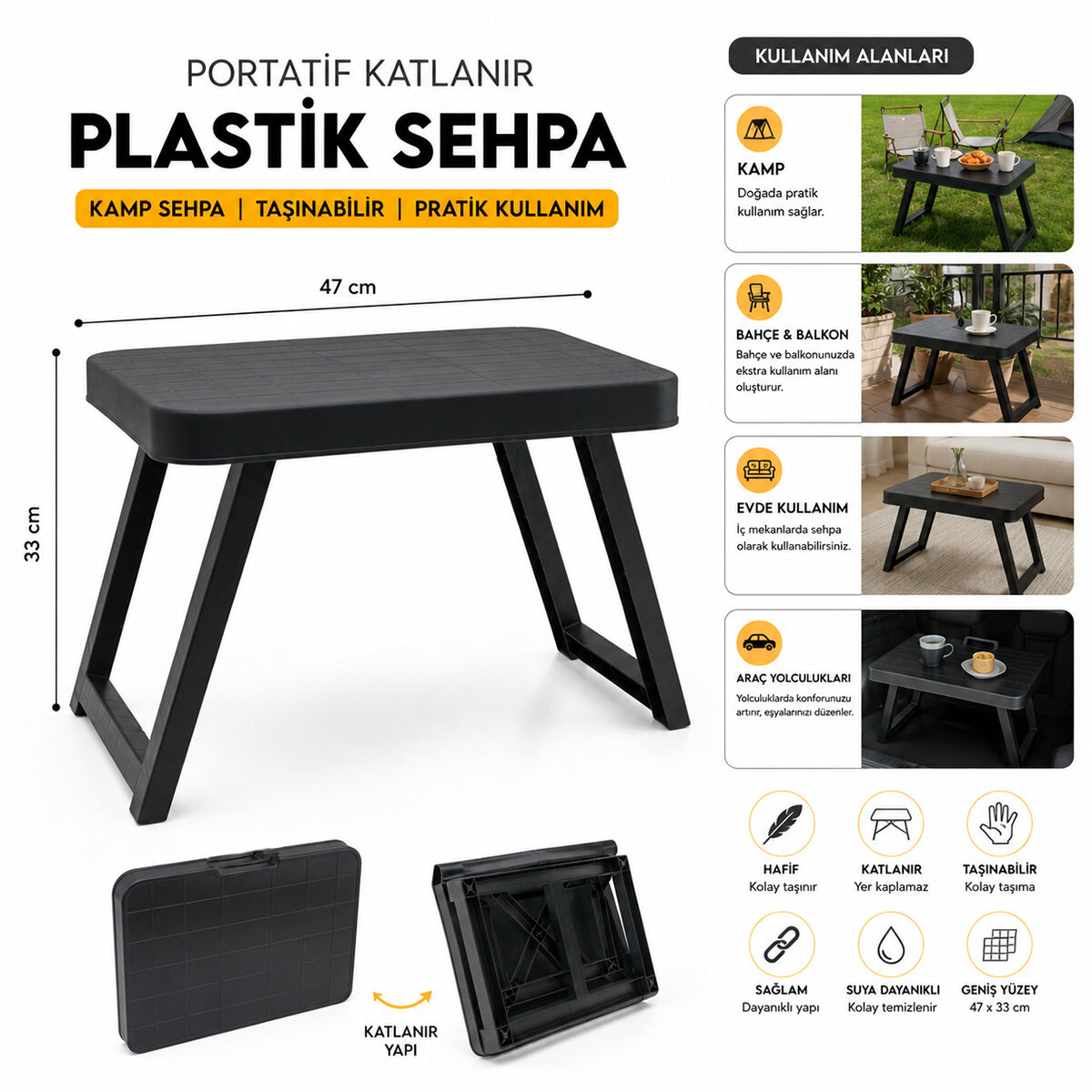 KRT-1137 ( KÜÇÜK= 47X33CM ) KAMP & PİKNİK MASASI ( SİYAH PLASTİK ) ( KATLANABİLİR AYAKLI=38CM )*10=K