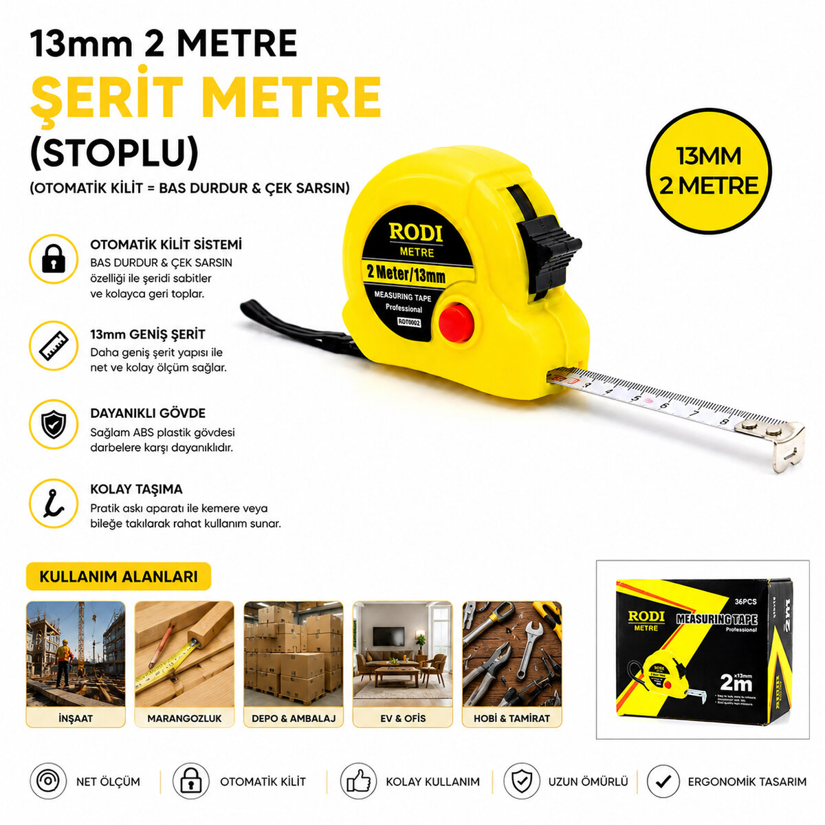 RODI MEASURING TAPE ( 2MT X 13MM ) ŞERİT METRE  ( STOPLU ) ( OTOMATİK KİLİT =  BAS DURDUR & ÇEK SARSIN )*36X12