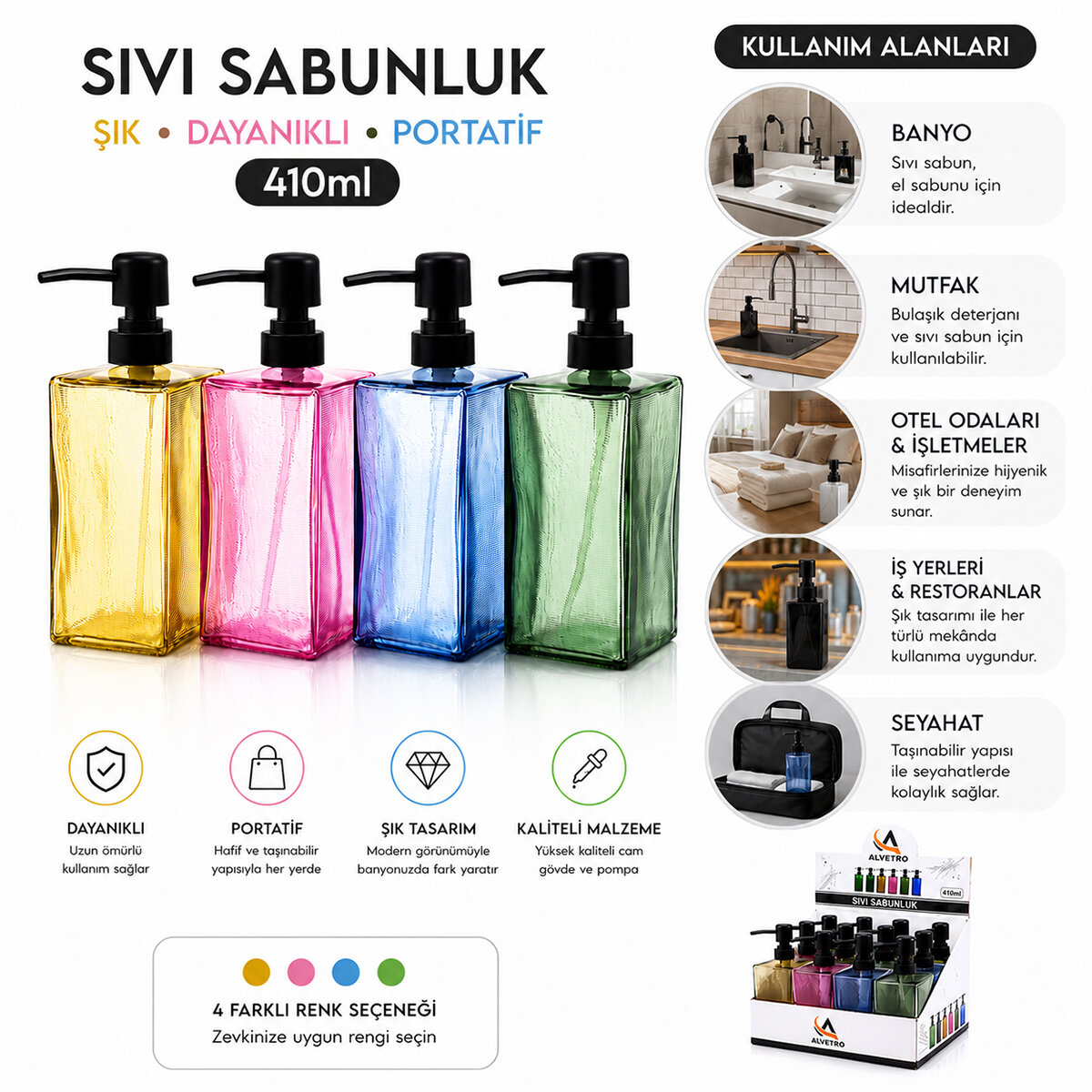 ALVETRO ALV-08 ALVETRO ALV-04 ( CAM ) ( KARE & RENKLİ ŞEFFAF ŞİŞE -- BUZLU ÇİZGİLİ DESEN ) SIVI SABUNLUK ( 410ML )*12X4