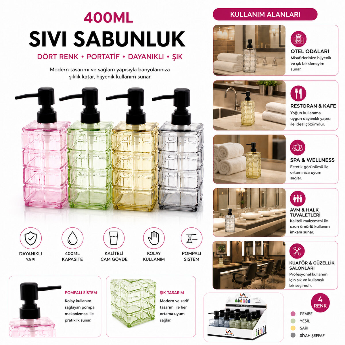 ALVETRO ALV-05 ( ŞEFFAF RENKLİ CAM ) SIVI SABUNLUK ( 400ML ) ( KARE KESİK DESENLİ CAM )*12X4