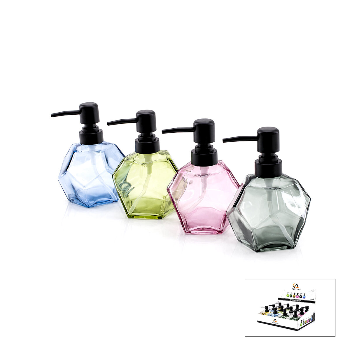ALVETRO ALV-04 ( CAM ) ( ELMAS & RENKLİ ŞEFFAF ŞİŞE  ) SIVI SABUNLUK ( 300ML )*12X4