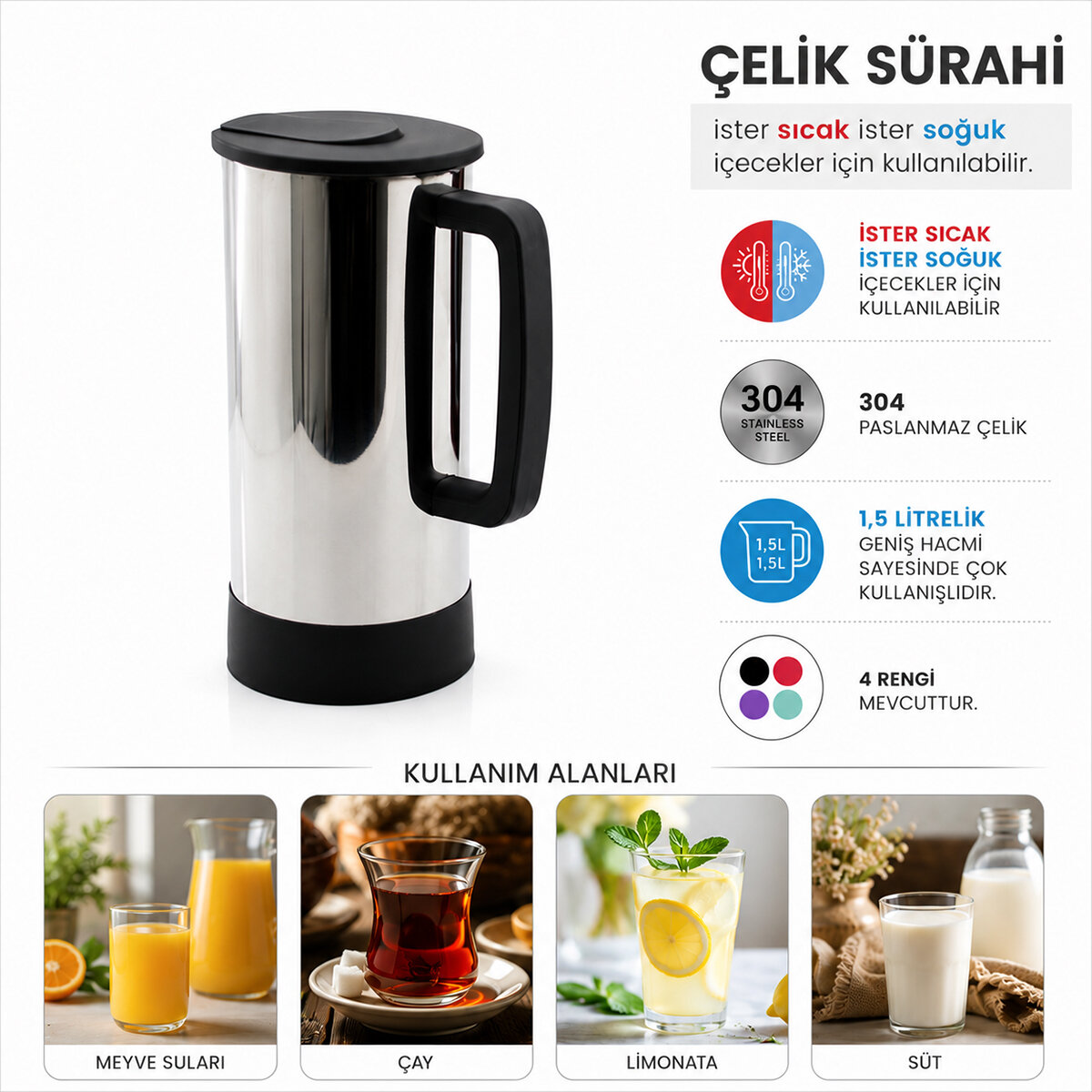 KRT-1139 ( GRİ & PASLANMAZ ÇELİK ) ( SICAK & SOĞUK ) ÇELİK SÜRAHİ*24