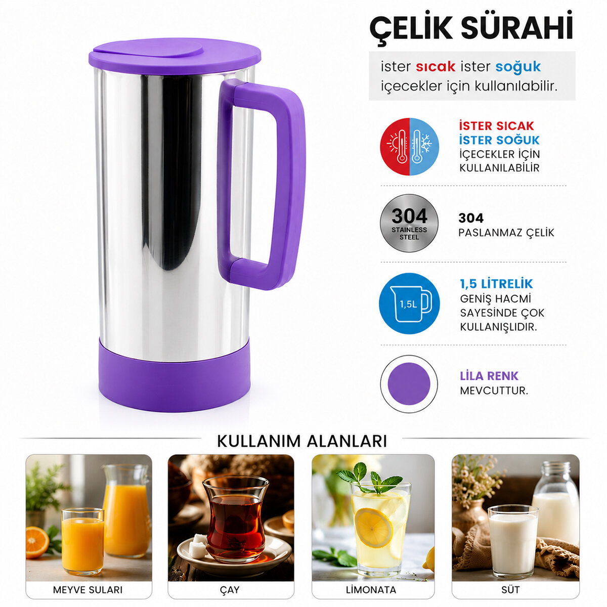 KRT-1141 ( LİLA & PASLANMAZ ÇELİK ) ( SICAK & SOĞUK ) ÇELİK SÜRAHİ*24