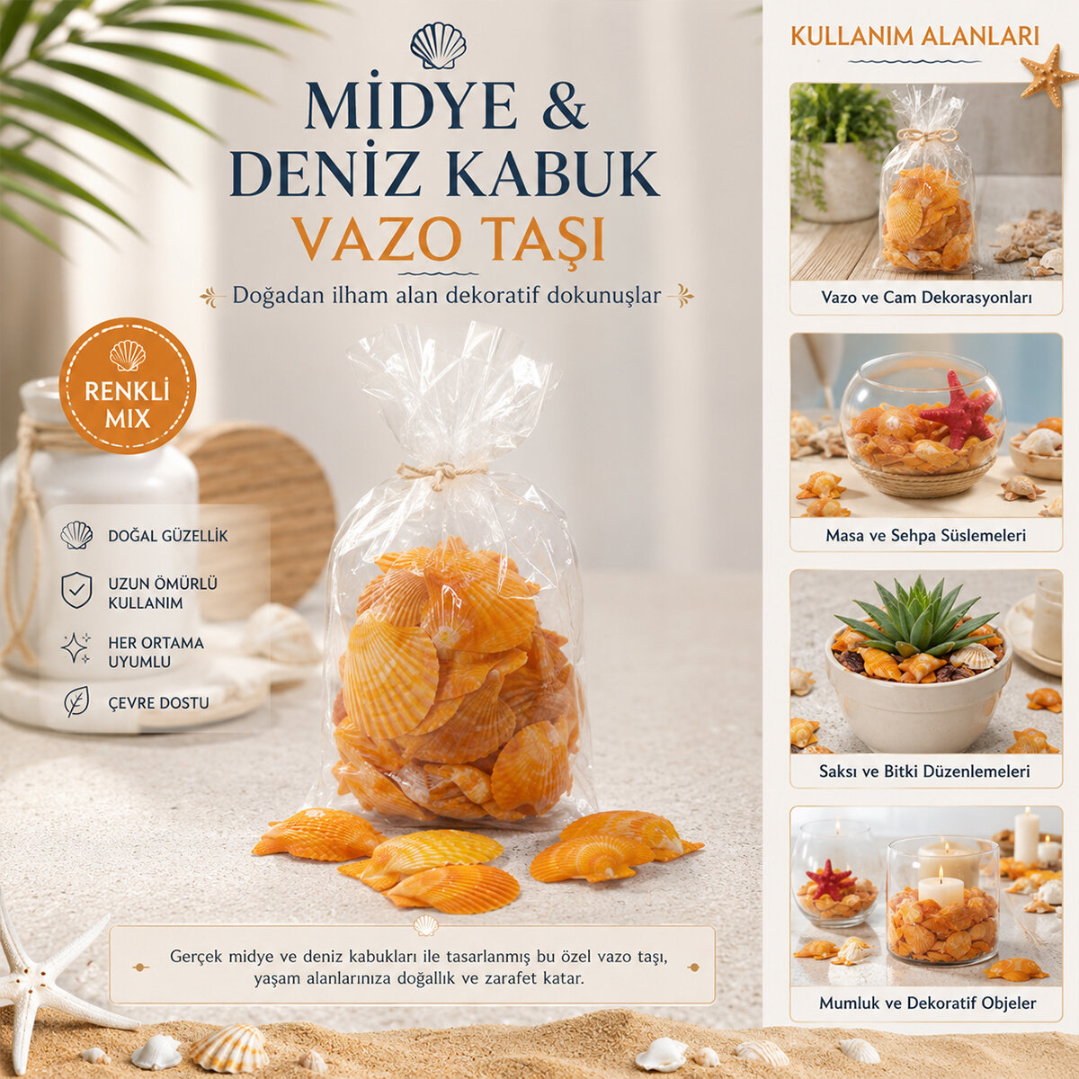 İBİCO İ12-252 ( POŞETLİ ) ( RENKLİ MİX ) MİDYE & DENİZ KABUK VAZO TAŞI*50