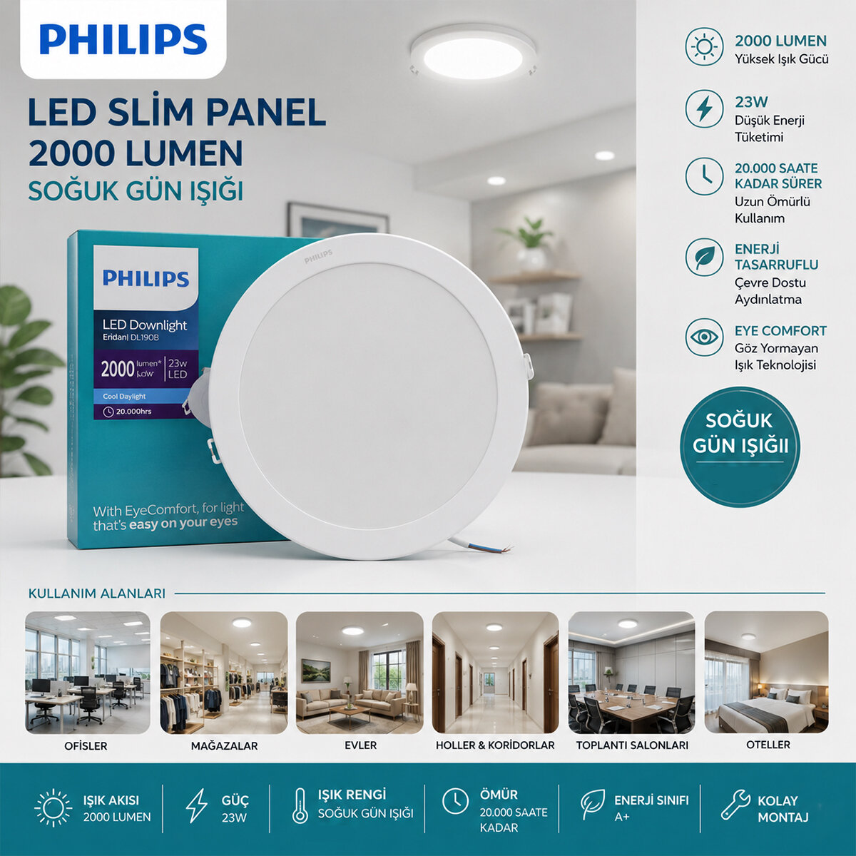 PHILIPS ( 23W ) ( SIVA ALTI ) ( YUVARLAK ) LED SLİM PANEL ( 2000LUMEN ) ( 20.000 SAAT ÖMÜR )*20 PHILIPS ( 23W ) ( SIVA ALTI ) ( YUVARLAK ) LED SLİM PANEL ( 2000LUMEN ) ( 20.000 SAAT ÖMÜR )*20