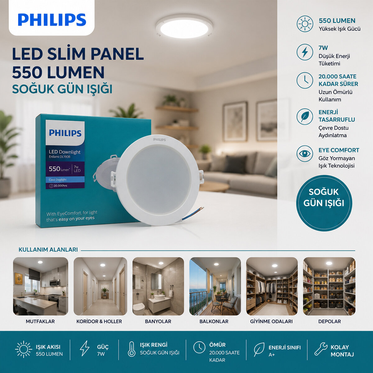 PHILIPS ( 7W ) ( SIVA ALTI ) ( YUVARLAK ) LED SLİM PANEL ( 550LUMEN ) ( 20.000 SAAT ÖMÜR )*20 PHILIPS ( 7W ) ( SIVA ALTI ) ( YUVARLAK ) LED SLİM PANEL ( 550LUMEN ) ( 20.000 SAAT ÖMÜR )*20