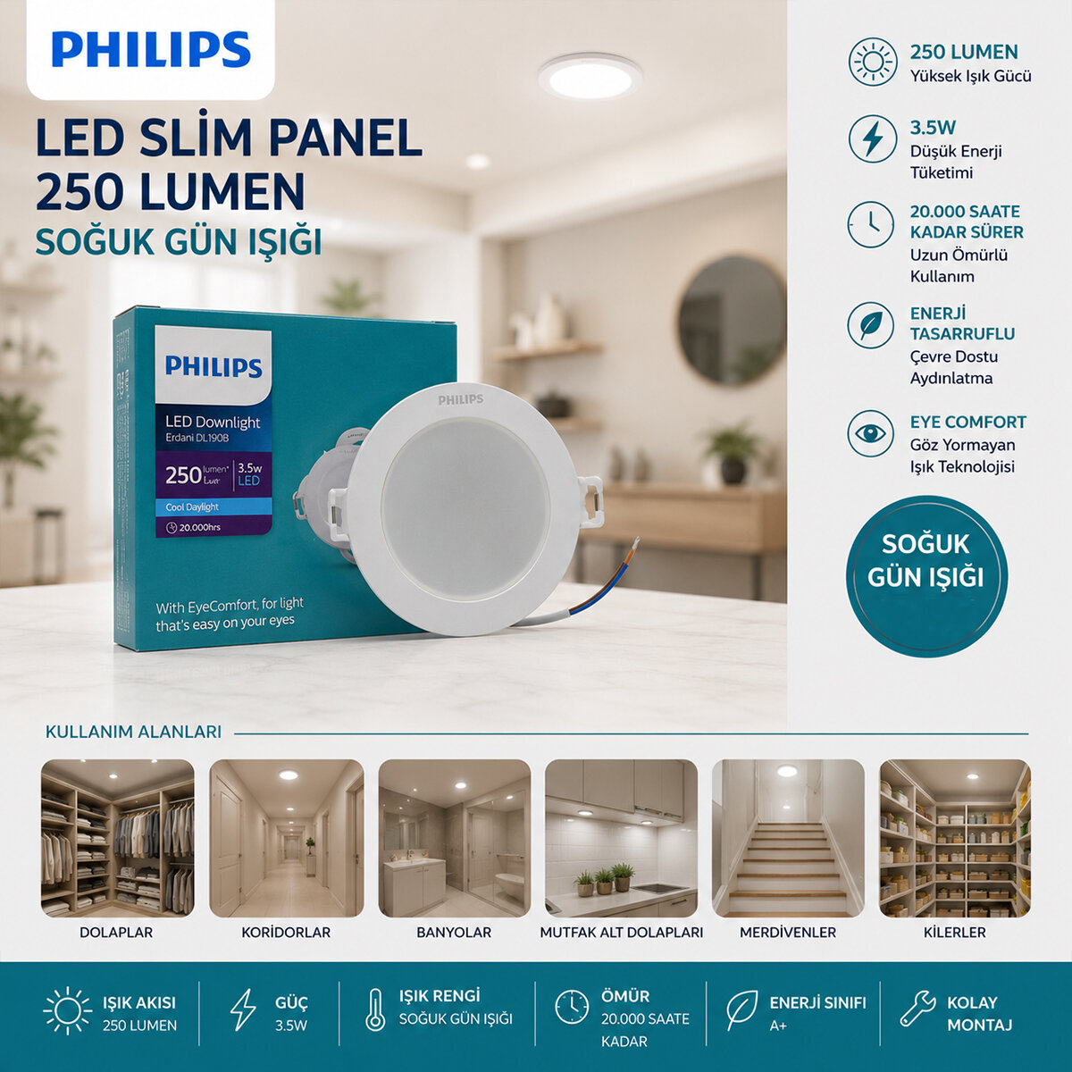 PHILIPS ( 3.5W ) ( SIVA ALTI ) ( YUVARLAK ) LED SLİM PANEL ( 250LUMEN ) ( 20.000 SAAT ÖMÜR )*20 PHILIPS ( 3.5W ) ( SIVA ALTI ) ( YUVARLAK ) LED SLİM PANEL ( 250LUMEN ) ( 20.000 SAAT ÖMÜR )*20