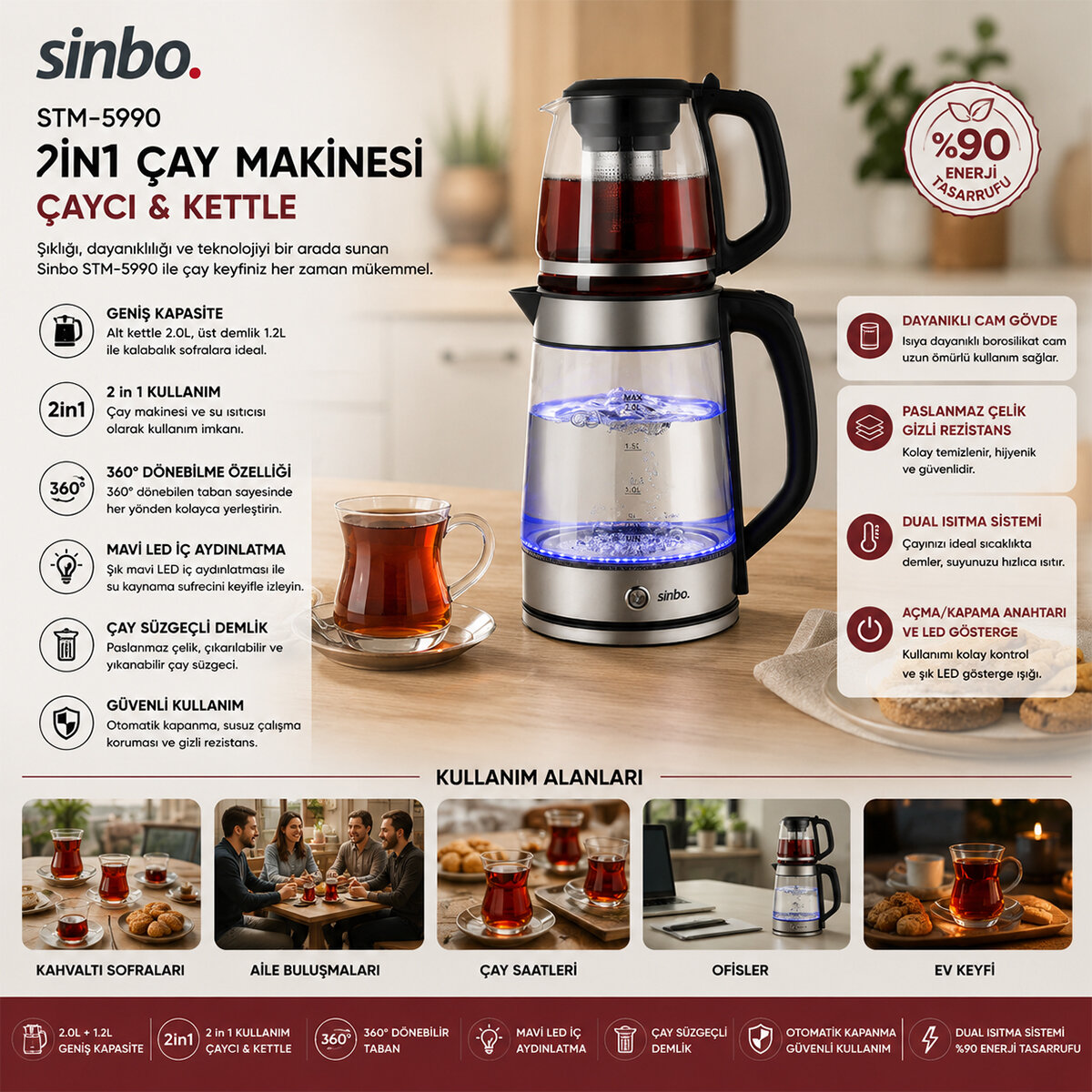 SİNBO STM-5990 ( 2İN1= ÇAYCI & KETTLE ) ( ÇELİK ) ELEKTRİKLİ ÇAY MAKİNESİ ( 2LT + 1,2LT ) ( ÇAY SÜZGEÇLİ ) ( 360° DÖNEBİLİR )*4