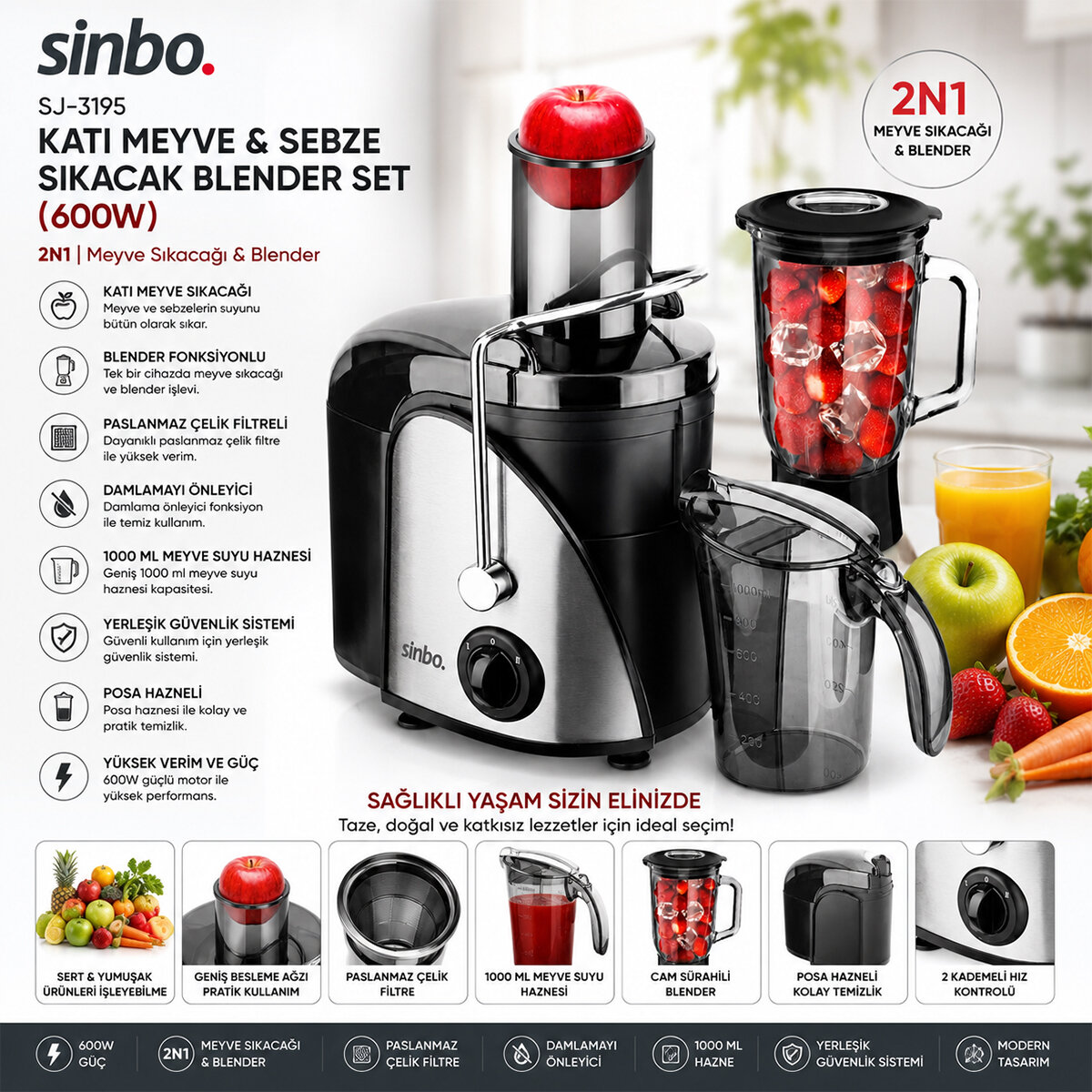 SİNBO SJ-3195 KATI MEYVE & SEBZE SIKACAK BLENDER SET ( 600W) ( 1000ML MEYVE SUYU HAZNESİ ) ( 2N1 )*2 SİNBO SJ-3195 KATI MEYVE & SEBZE SIKACAK BLENDER SET ( 600W) ( 1000ML MEYVE SUYU HAZNESİ ) ( 2N1 )*2