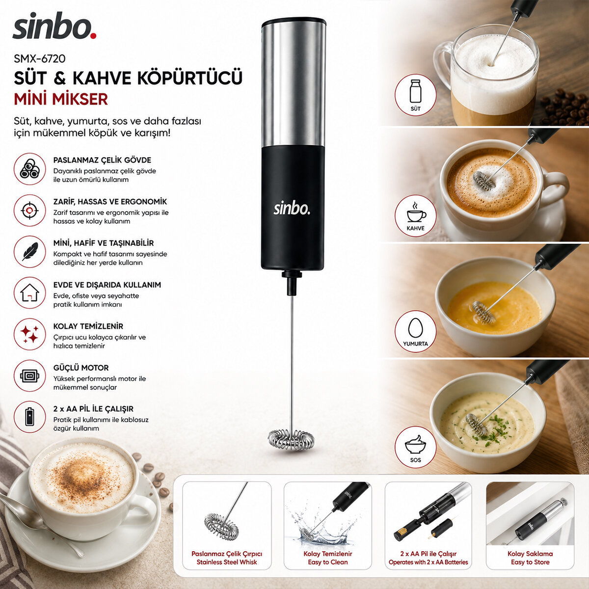 SİNBO STO-6727 ( PİLLİ ) SÜT KÖPÜRTÜCÜ & KARIŞTIRICI MİNİ MİKSER ( SÜT & KAHVE & SOS & YUMURTA)*24 SİNBO STO-6727 ( PİLLİ ) SÜT KÖPÜRTÜCÜ & KARIŞTIRICI MİNİ MİKSER ( SÜT & KAHVE & SOS & YUMURTA)*24
