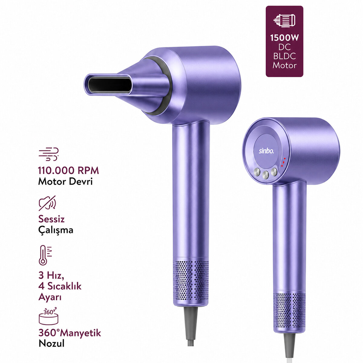 SİNBO SHD-1740 ( MAVİ ) (BLDC TURBO MOTOR) SAÇ KURUTMA MAKİNESİ (1500W)(3-KDM.HIZ)(4-KDM.ISIAYAR=SICAK-ILIK-HAFİF-SOĞUK)*8