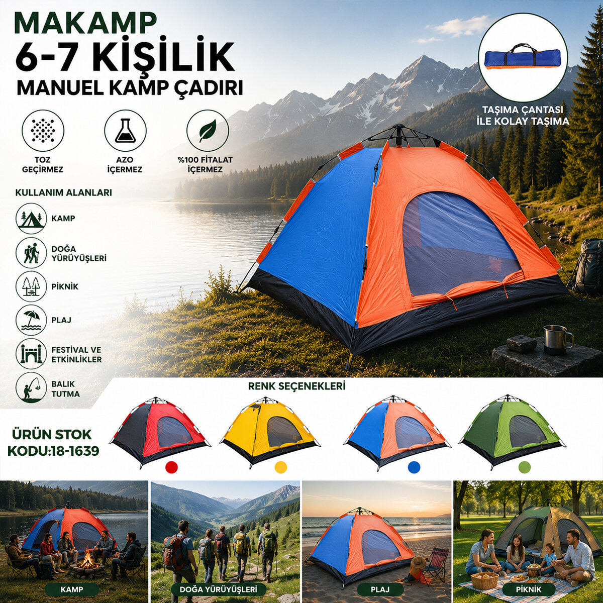 MAKAMP-083B (6-7 KİŞİLİK) (TOZ GEÇİRMEZ) (220CMX250CMX150CM) MANUEL KAMP ÇADIR*15 MAKAMP-083B (6-7 KİŞİLİK) (TOZ GEÇİRMEZ) (220CMX250CMX150CM) MANUEL KAMP ÇADIR*15